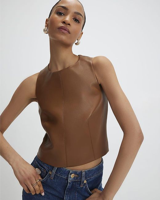 River Island Brown Top Faux Leather Sleeveless