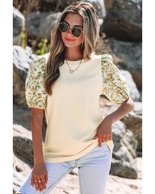 Kinslee Contrast Floral Puff Sleeve Ribbed Knit Plus Size Blouse