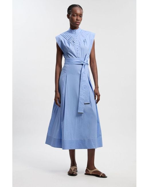 Karen Millen Blue Cotton Pleated Tie Waist Woven Midi Dress