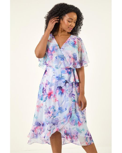 Roman Blue Petite Floral Tie Front Cape Dress