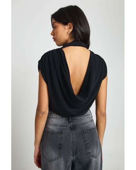 Boohoo Black Double Layer Slinky Scarf Detail Ruched Shoulder Bodysuit