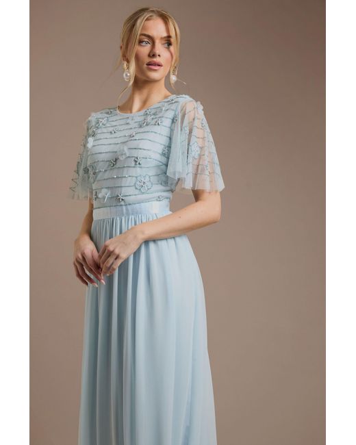 Oasis Blue Petite Floral Embellished Mesh Angel Sleeve Maxi Dress