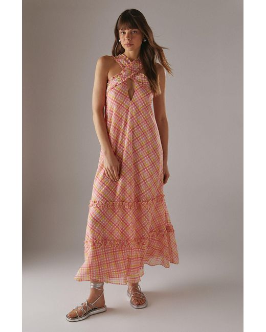 Warehouse Multicolor Dobby Chiffon Frill Halter Tier Ruffle Maxi Dress