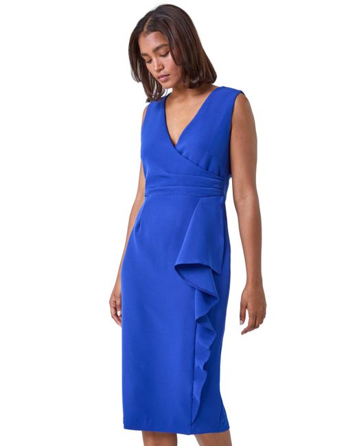 Roman Blue Wrap Draped Crepe Stretch Bodycon Dress