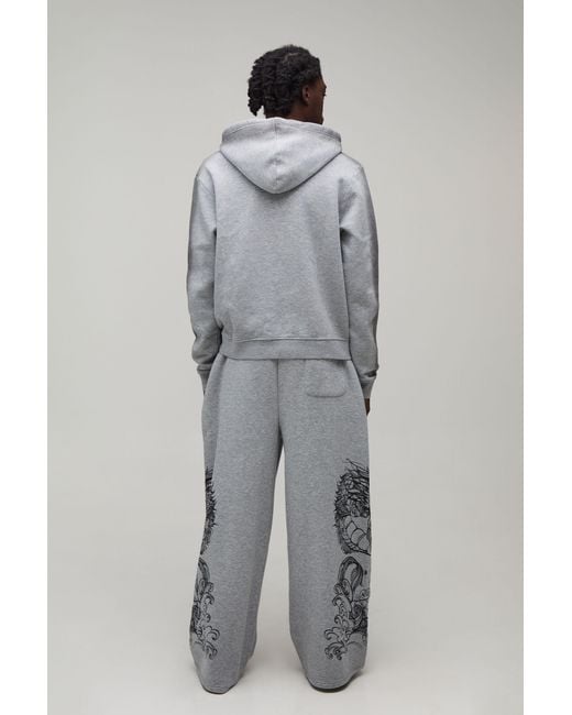 BoohooMAN Gray Extreme Wide Leg Dragon Graphic Joggers for men