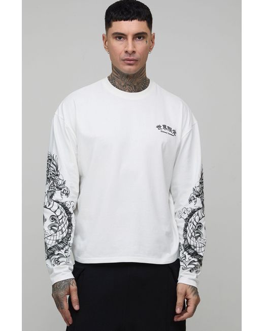 BoohooMAN White Tall Oversized Dragon Graphic Long Sleeve T-Shirt for men
