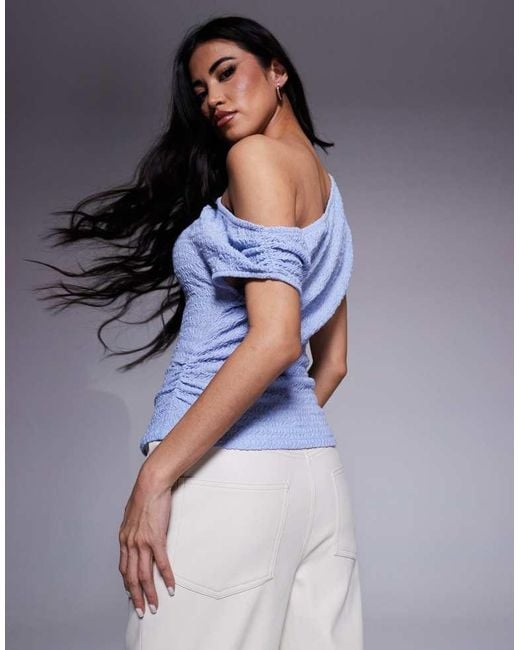 ASOS Blue Asymmetric Off Shoulder Textured Top