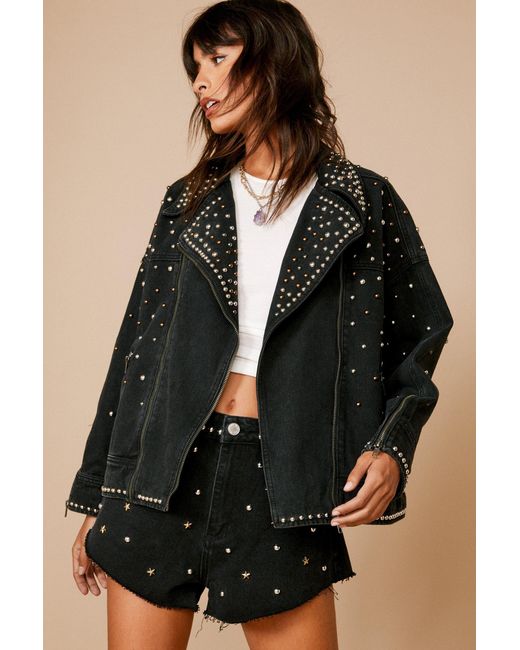 Nasty Gal Black Premium Embellished Studded Denim Biker Jacket