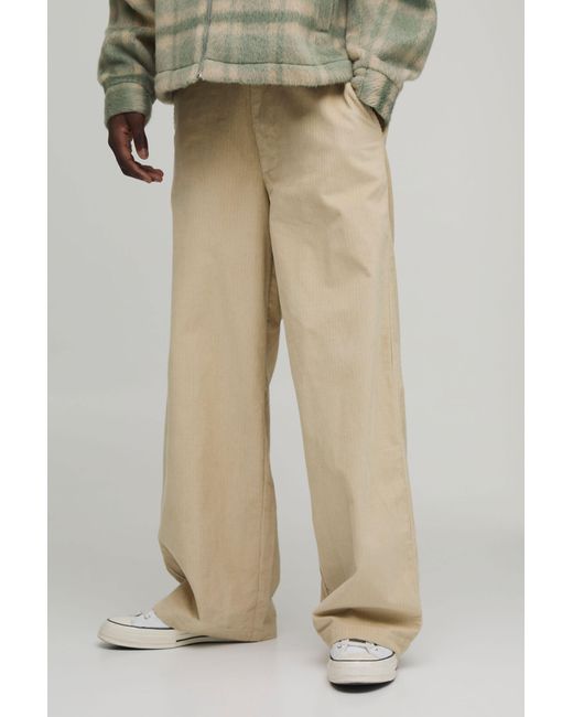 BoohooMAN Natural Baggy Cord Woven Tab Trousers for men