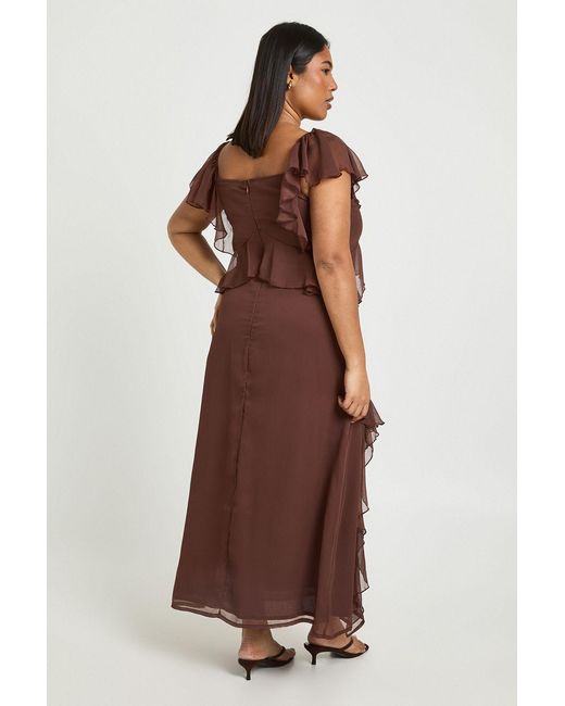 Boohoo Brown Plus Chiffon Ruffle Hem Angel Sleeve Midaxi Dress