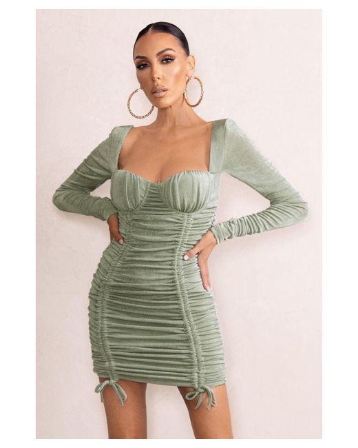 Club L London Green Long Shot Sage Square Neck Ruched Mini Dress With Sleeves