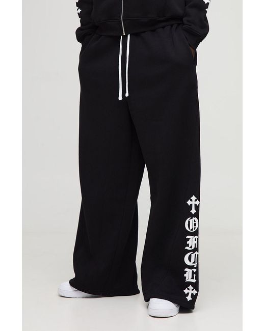 BoohooMAN Black Gothic Graphic Puff Print Extended Drawcord Wide Leg Joggers for men