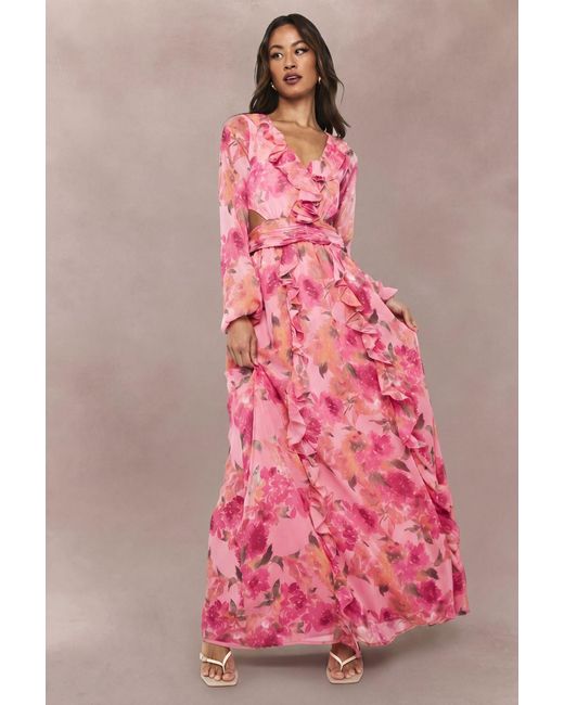 Boohoo Pink Tall Floral Chiffon Volume Sleeve Maxi Dress
