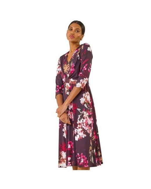 Roman Red Floral Crossover Stretch Midi Dress