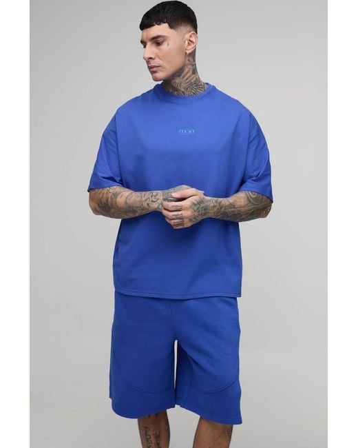BoohooMAN Blue Tall Oversized Panelled Embroidered T-Shirt And Short Set for men