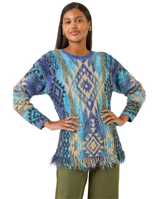Roman Blue Jacquard Tassel Trim Knit Jumper