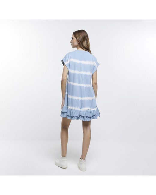 River Island Blue T-Shirt Mini Dress Stripe Frill Cotton