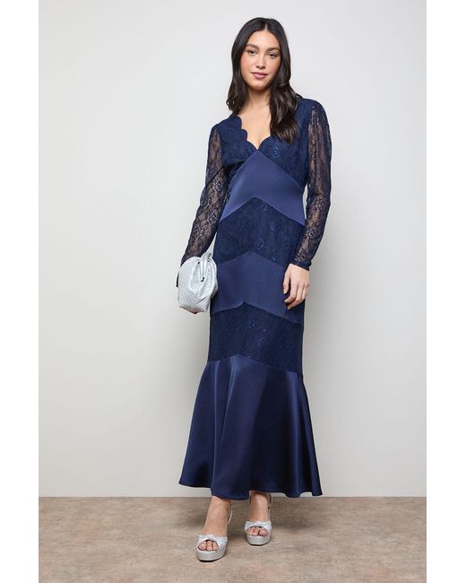 Oasis Blue Satin Lace Mix V Neck Maxi Dress