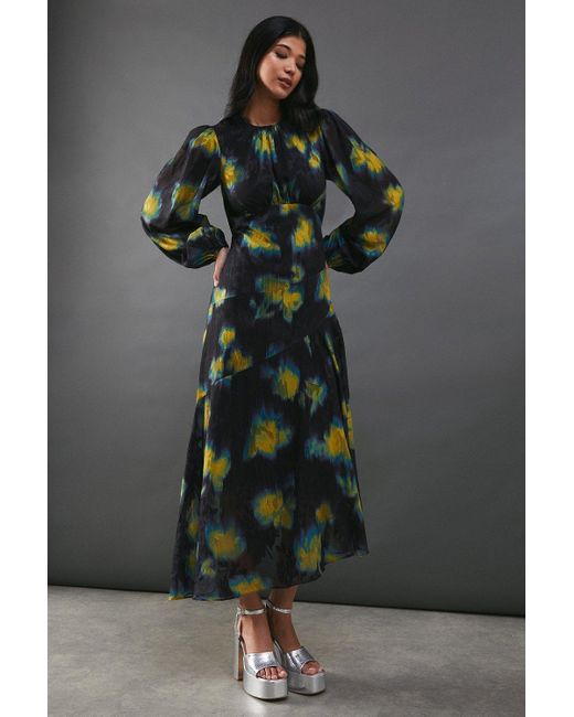 Warehouse Black Metallic Burnout Chiffon Asymmetric Hem Midi Dress
