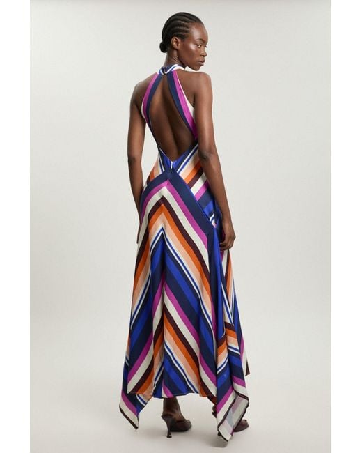 Karen Millen Blue Petite Fluid Stripe Cotton Mix Woven Maxi Halter Dress