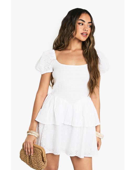 Boohoo White Broderie Anglaise Puff Sleeve Skater Dress