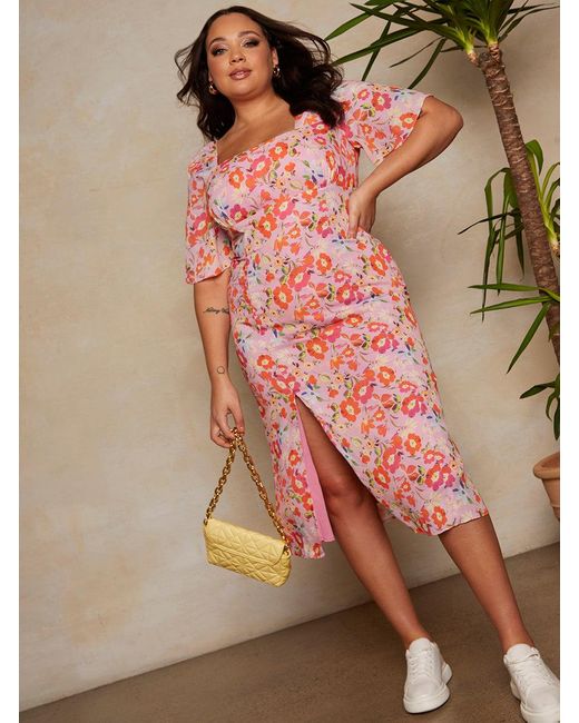 Chi Chi London Pink Plus Size Square Neck Floral Print Midi Dress
