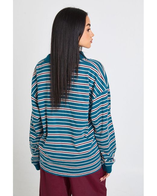 Boohoo Blue Striped Heavy Cotton Collared Rugby Top
