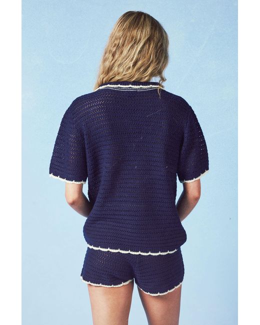 Boohoo Blue Shell Embroidered Crochet Shirt And Short Co-Ord