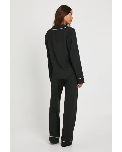 Boohoo Black Jersey Piping Detail Long Sleeve Shirt & Trousers Pyjama Set