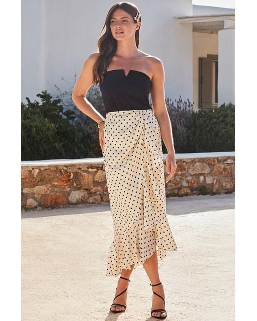 Sosandar White Petite Spot Print Satin Ruffle Hem Midi Skirt