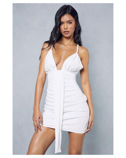 MissPap White Textured Strappy Plunge Drape Bodycon Mini Dress