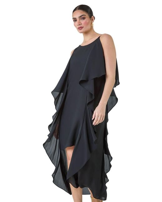 Ariella Blue Plain Dipped Hem Ruffle Detail Midi Dress