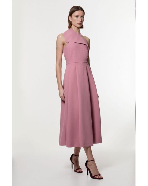 Karen Millen Pink Compact Stretch Halter Neck Belted Full Skirted Midaxi Dress