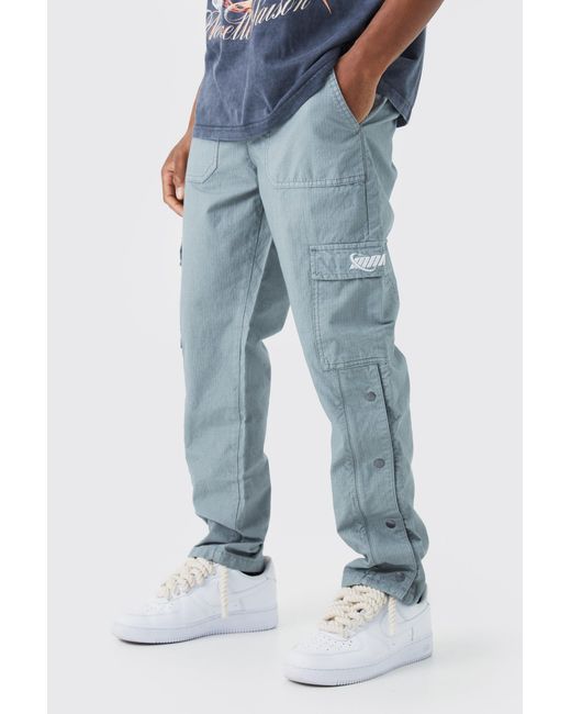 BoohooMAN Blue Straight Leg Cargo Popper Hem Ripstop Branded Trouser for men