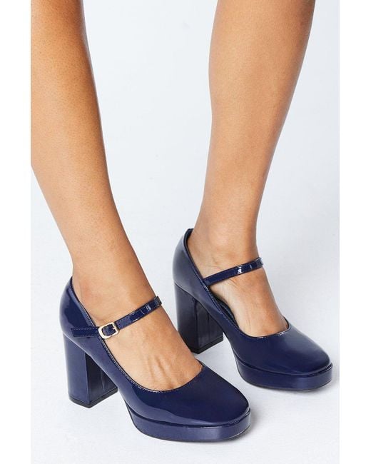 Oasis Blue Vera Patent Platform Mary Jane High Block Heel Court Shoes