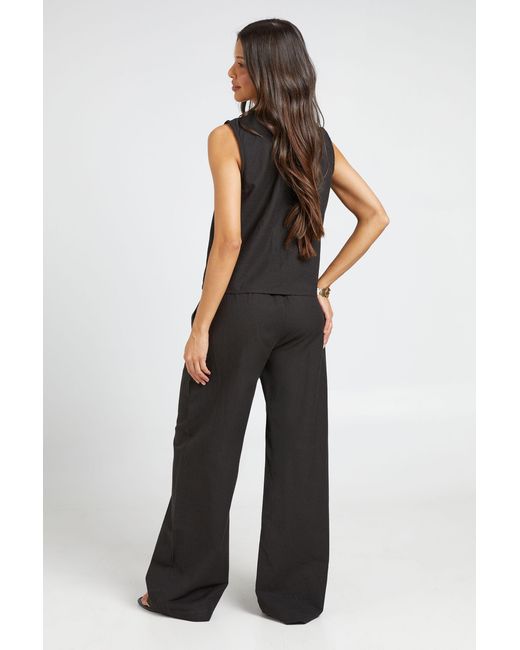 Boohoo Black Linen Look Tie Front Crop & Wide Leg Trousers