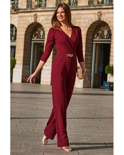 Sosandar Purple Burgundy Faux Wrap Chain Detail Wide Leg Jumpsuit