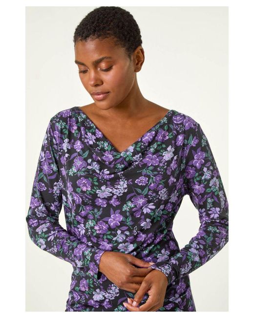 Roman Blue Ruched Cowl Neck Floral Top