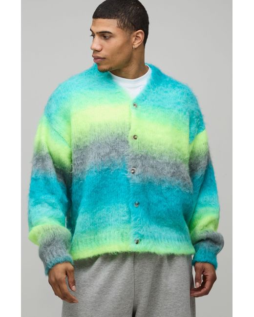BoohooMAN Green Oversized Boxy Ombre Fluffy Knitted Cardigan for men