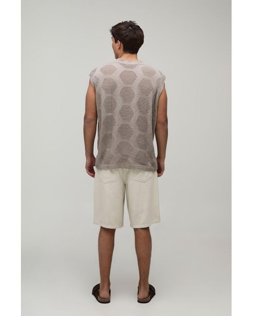 BoohooMAN Gray Oversized Open Stitch Geo Knitted Tank for men