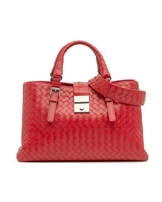 Bottega Veneta Red Roma Woven Leather Tote Bag