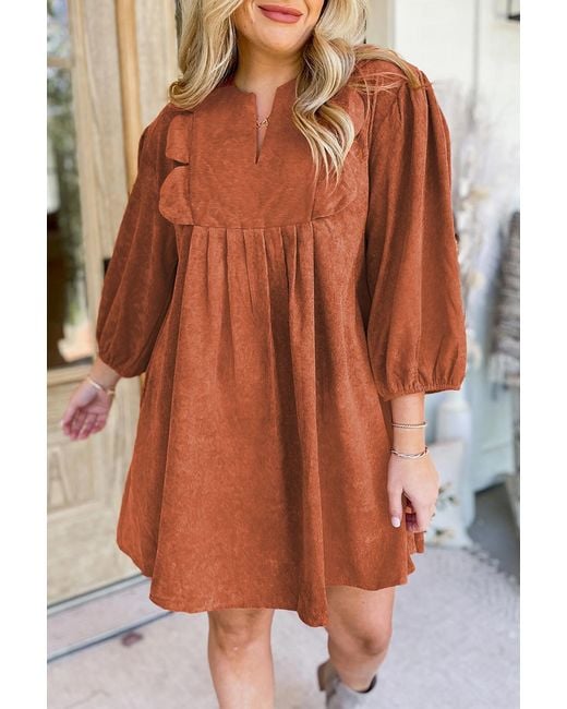 Azura Exchange Katoenen Ribbel Keyhole Lange Mouwen Jurk in het Brown