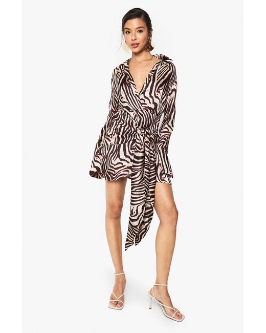 Boohoo White Zebra Satin Wrap Skirt Shirt Dress