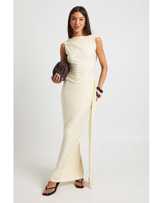 Boohoo Natural Slinky Maxi Skirt With Mesh Drape