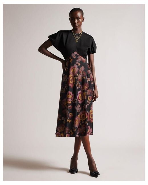 Ted Baker Black Fridah Ponte Bodice Dress With Printed Skirt