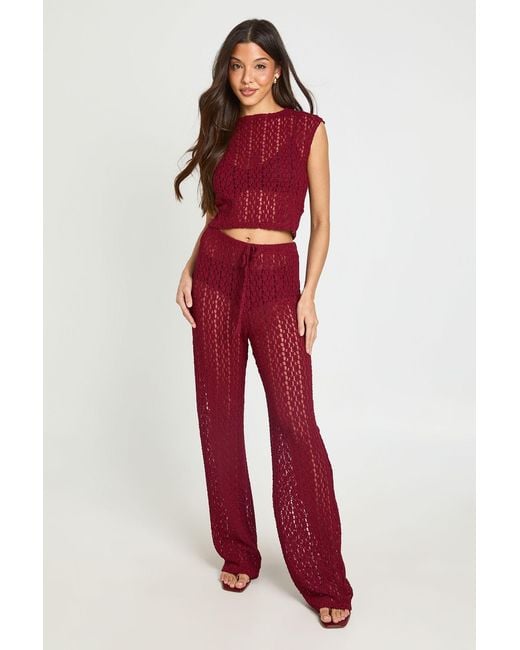 Boohoo Red Floral Lace Drawstring Straight Leg Trouser