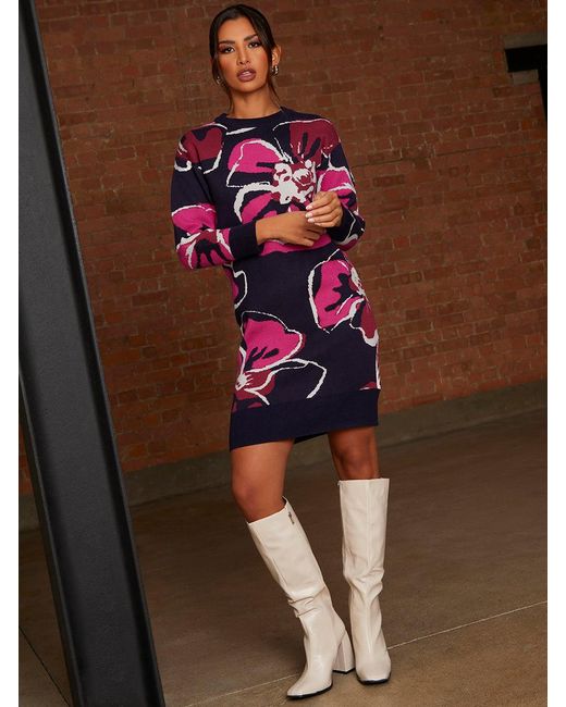Chi Chi London Blue Oversized Abstract Floral Mini Jumper Dress