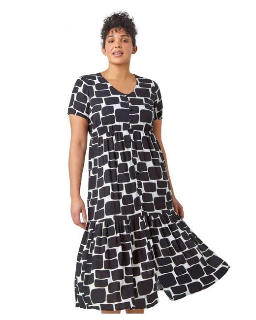 Roman Curve White Pebble Print Tiered Midi Dress