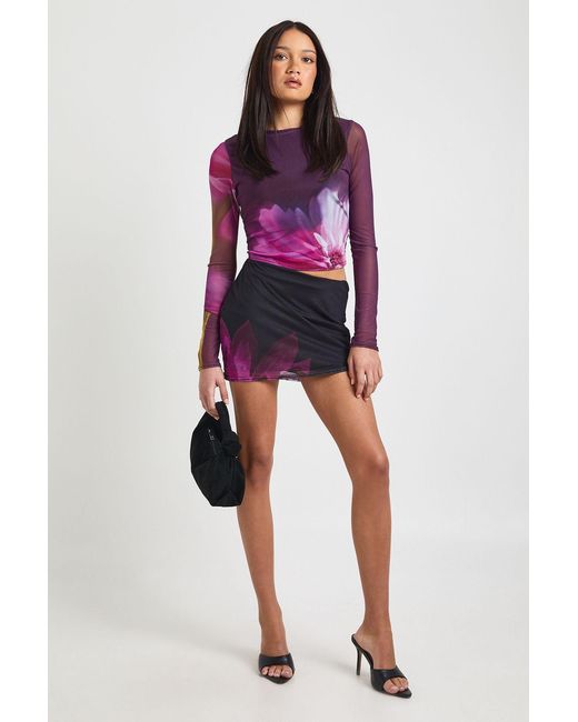 Boohoo Red Floral Printed Mesh Tie Waist Midi Skirt