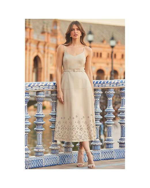 Sosandar Natural Ecru Faux Leather Floral Trim Fit & Flare Dress With Belt